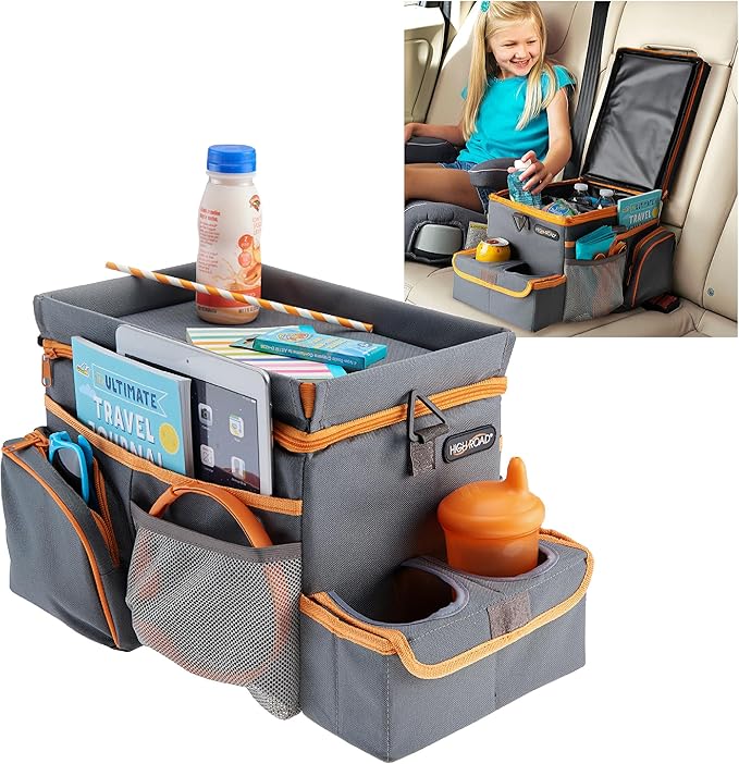 High Road CarHop Car Seat Organizer for Kids and Adults with Cup Holder Tray, Side Pockets and Cooler Compartment (Medium, Gray)
