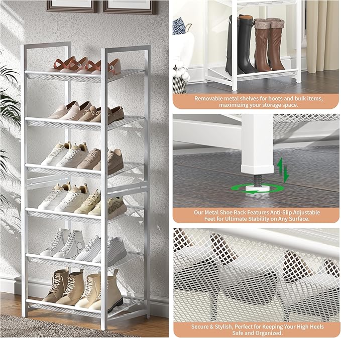 Stackable Shoe Rack, 6 Tier Metal Shoe Storage for 12-15 Pairs, Vertical Shoe Shelf for Small Space Front Door Entrance Close