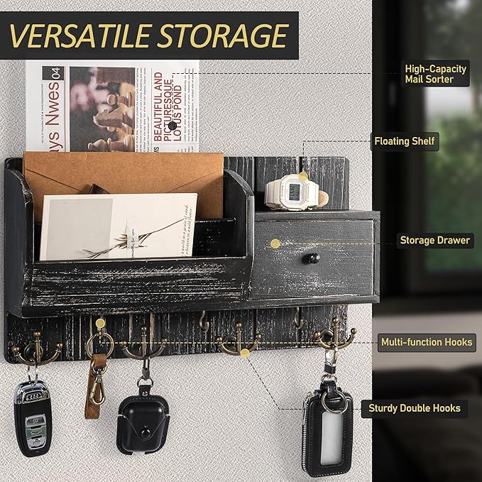 Rebee Vision Key Holder Wall Mount with Drawer & Mail Sorter – Rustic Wall Mail Organizer with Key Hooks for Entryway, Office
