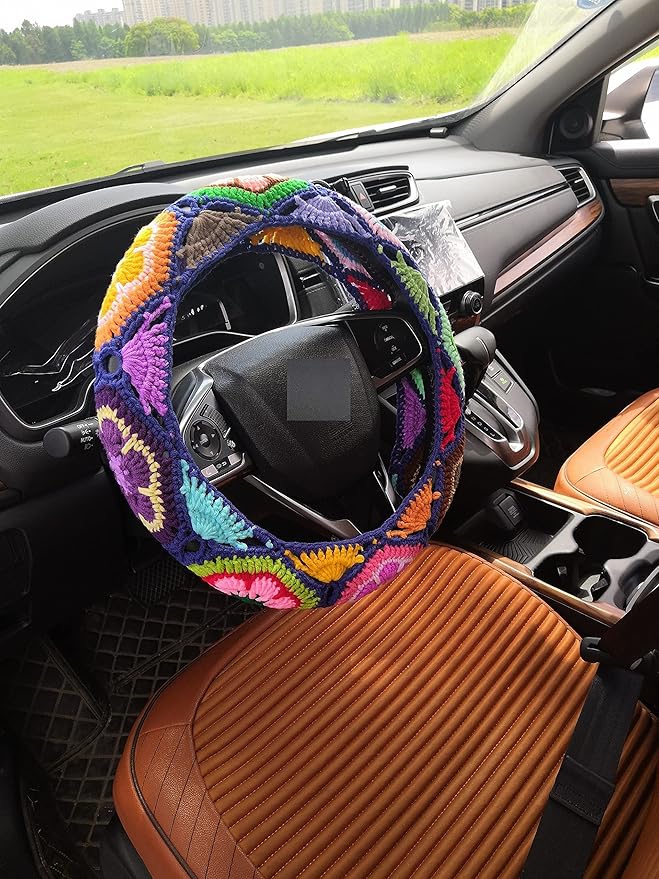 YDM Crochet Steering Wheel Cover, Sunflower Design, Standard Size (14-15 inches), Cotton, Slip Resistant, Elastic, Customizable Color, Gift Idea