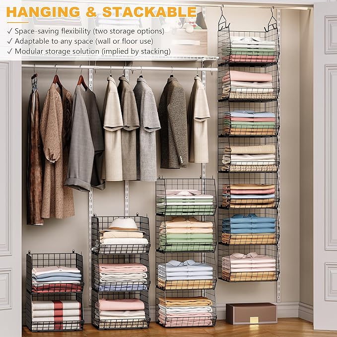 X-cosrack 7 Tier Foldable Hanging Closet Organizer and Storage,Wire Closet Shelving with 4 Large Hooks+ 5 S Hooks,Hanging Bas