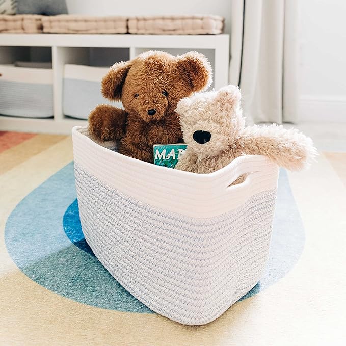 OrganiHaus Rope Baskets for Shelves - Set of 3 Woven Storage Baskets for Organizing, Closet & Toy Storage - Blue/White - 15x9