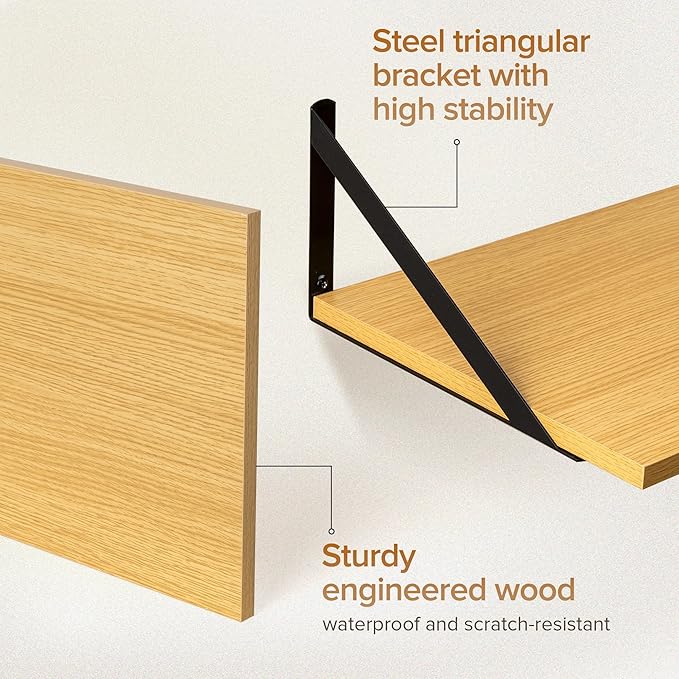 Deep Floating Shelves Wall Mounted, 24"x12" Oak Wall Shelves with Brackets Set of 2 for Bedroom, Living Room, Bathroom, Kitch