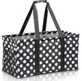 Extra Large Utility Tote Bag - Oversized Collapsible Reusable Wire Frame Rectangular Canvas Basket With Two Exterior Pockets For Beach, Pool, Laundry, Car Trunk, Storage - White Polka Dot
