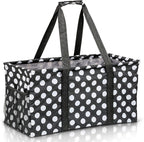 Extra Large Utility Tote Bag - Oversized Collapsible Reusable Wire Frame Rectangular Canvas Basket With Two Exterior Pockets For Beach, Pool, Laundry, Car Trunk, Storage - White Polka Dot