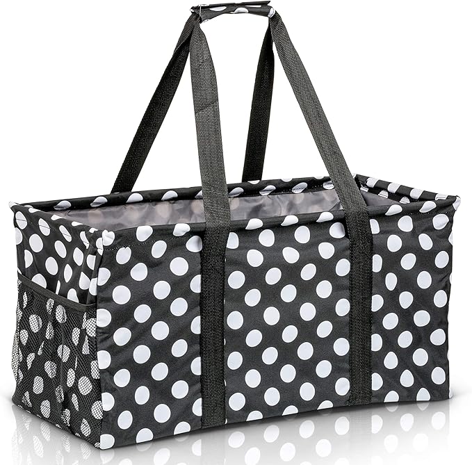 Extra Large Utility Tote Bag - Oversized Collapsible Reusable Wire Frame Rectangular Canvas Basket With Two Exterior Pockets For Beach, Pool, Laundry, Car Trunk, Storage - White Polka Dot