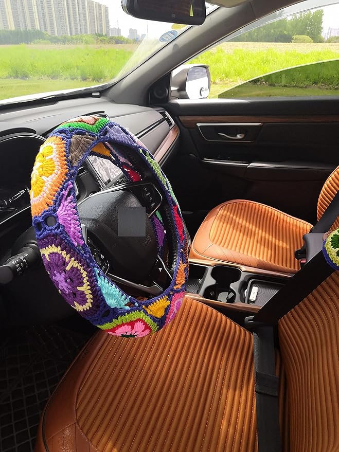 YDMZZB Crochet Steering Wheel Cover, Sunflower Design, 14.5 inches, Cotton & Yarn, Universal Fit