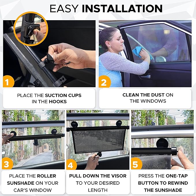 EcoNour Car Window Shades (4 Pack) | Retractable Roller Sunshade for Kids | Baby Window Shades for Offers Impeccable Sun Protection | Curtain Shades for Privacy Blackout | 15"x17"