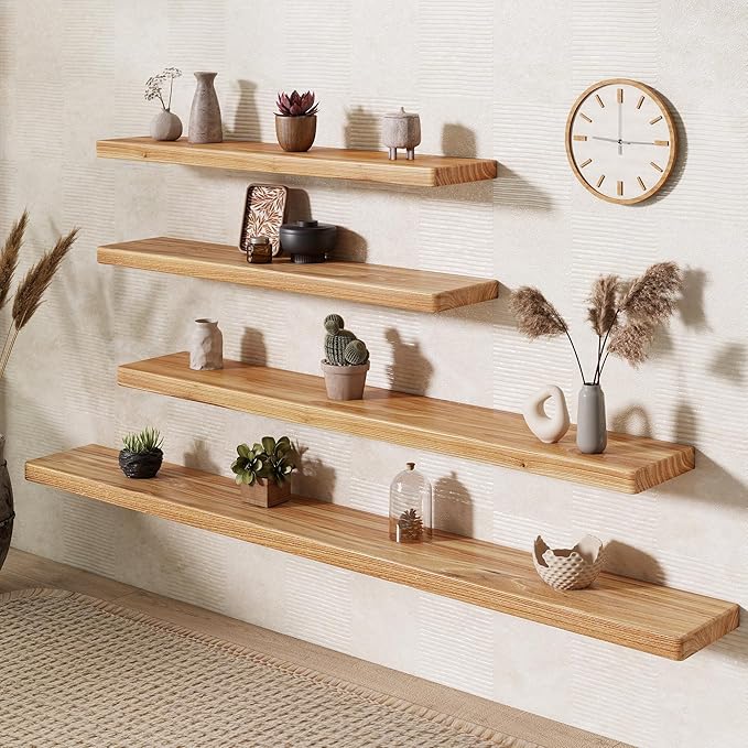Fun Memories 55 Inch Wood Floating Shelves, Natural Elm Wood Floating Shelf for Wall, 8 Inch Deep Wall Shelves for Home Stora