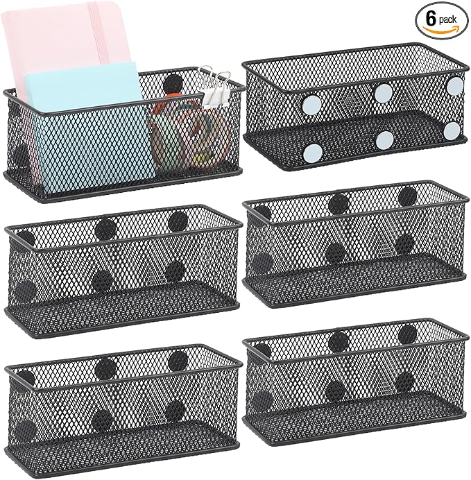 EASEPRES Magnetic Pencil Holder Set of 6 - Black Wire Mesh Storage Baskets Organizer with Strong Magnets - Perfect for Whiteb