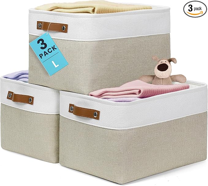 OrganiHaus Large Fabric Storage Baskets for Shelves 3 Pack, 15x11in Closet Storage Bins, Canvas Storage Bin for Organizing, C