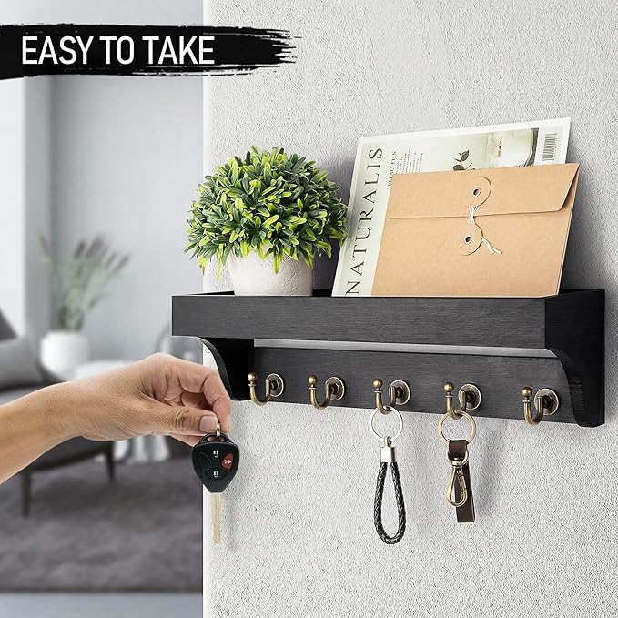 Rebee Vision Key Holder for Wall with Shelf : Decorative Key Organizer with 5 Rustic Keys Hooks and Primitive Wood Mail Organ