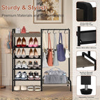 2-in-1 Shoe and Purse Rack, 5-Tier Shoe Rack with Wooden Tray & 7 Hooks, Industrial Metal Shoe Shelf with Removable Shelves f