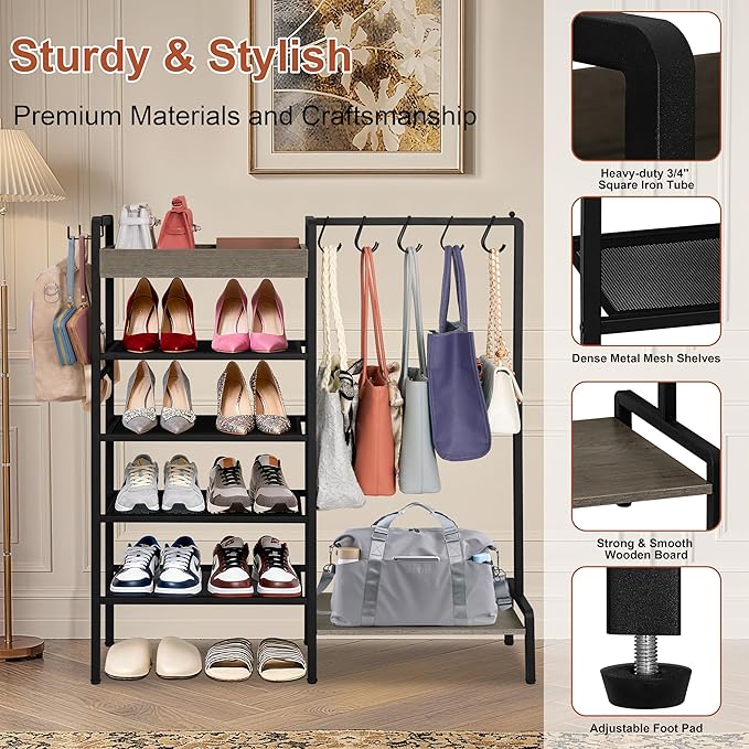 2-in-1 Shoe and Purse Rack, 5-Tier Shoe Rack with Wooden Tray & 7 Hooks, Industrial Metal Shoe Shelf with Removable Shelves f