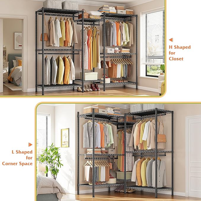 Raybee L Shaped Clothes Rack for Corner, Clothing Racks for Hanging Clothes, 900LBS Heavy Duty Clothes Rack Garment Rack 74.5