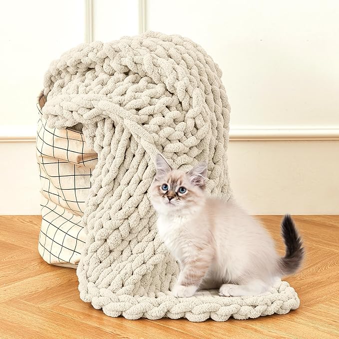 Admitrack Chunky Knit Blanket Throw 51"x63", 100% Hand Knit Chenille Throw Blanket for Sofa & Home Decor, Soft and Cozy Knitt