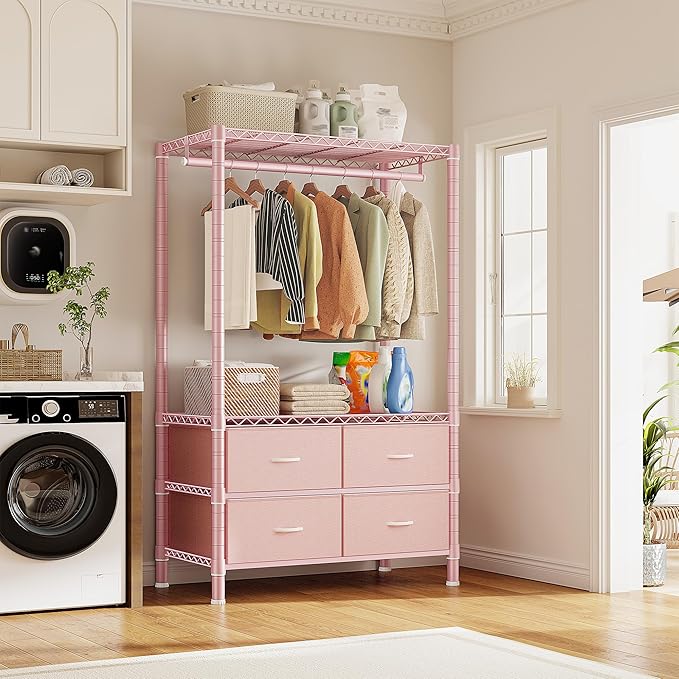 Raybee Clothes Rack, Clothing Rack for Hanging Clothes with 4 Drawers Load 420LBS Heavy Duty Garment Rack with Drawers, Pink