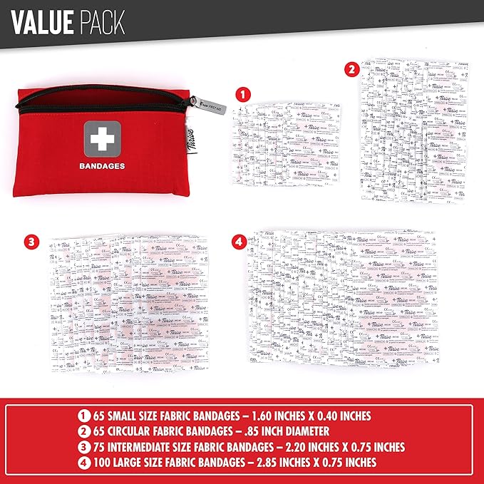 Thrive Fabric Adhesive Bandages Variety Pack - Zipper Pouch for Travel First Aid Kit - Waterproof & Latex-Free for Camping Fi