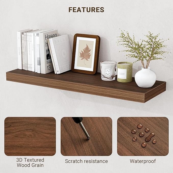 32 Inch Floating Shelves, 3D Textured Wood Grain, 32"x9.25"x1.5" Inch Deep Floating Shelves for Wall, Wooden Shelves for Bath