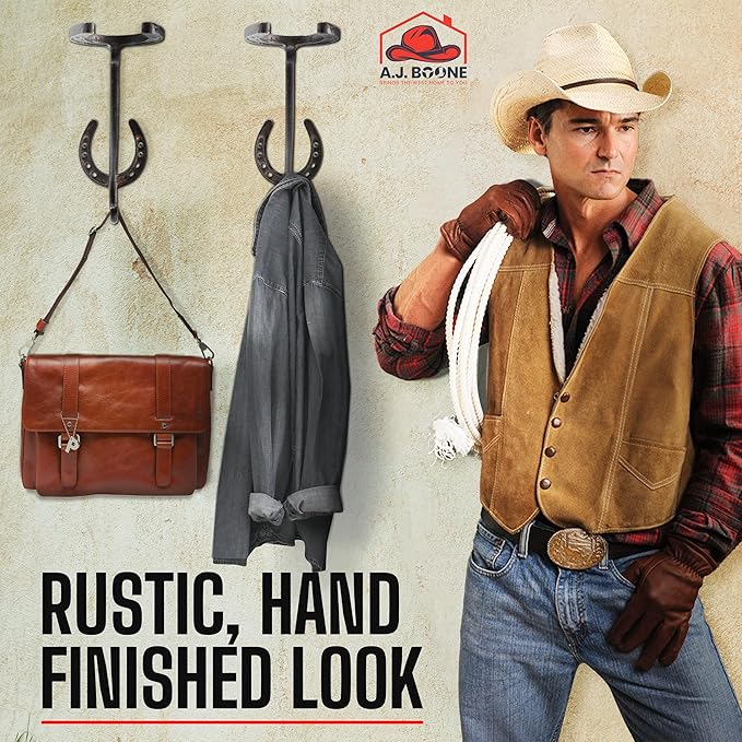 Cowboy Hat Rack - Set of 2 Decorative Wall-Mounted Holder - Heavy-Duty Iron Hanger and Organizer DIY Kit for Hats, Coats and 