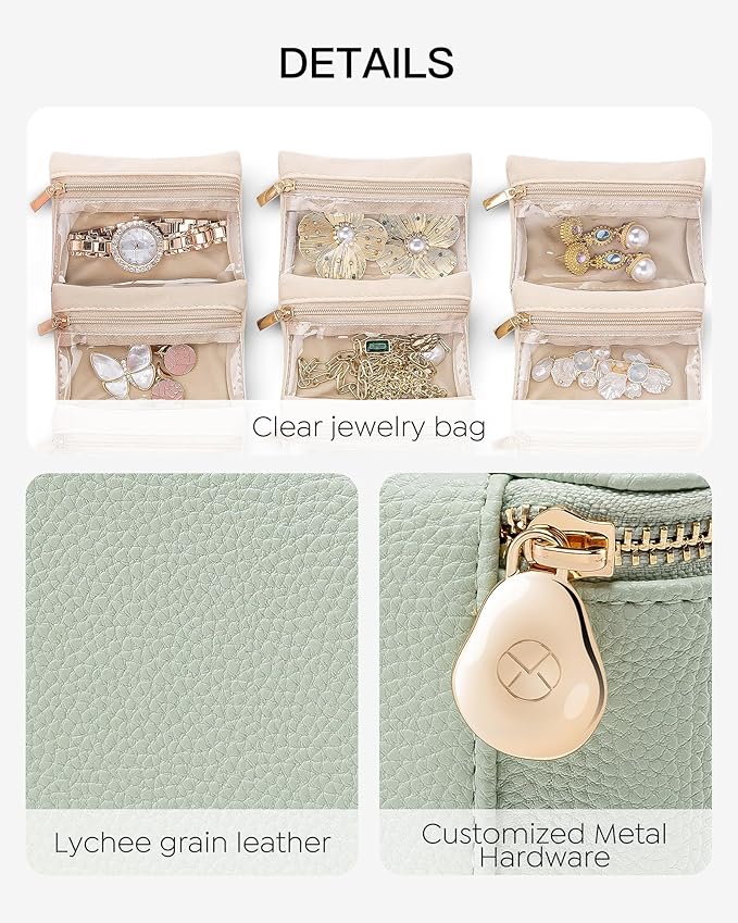 Vlando Jewelry Travel Case,Travel Jewelry Organizer with Clear Velvet Jewelry Bags 6Pcs Zipper Pouch for Women Girl Gift-Mint