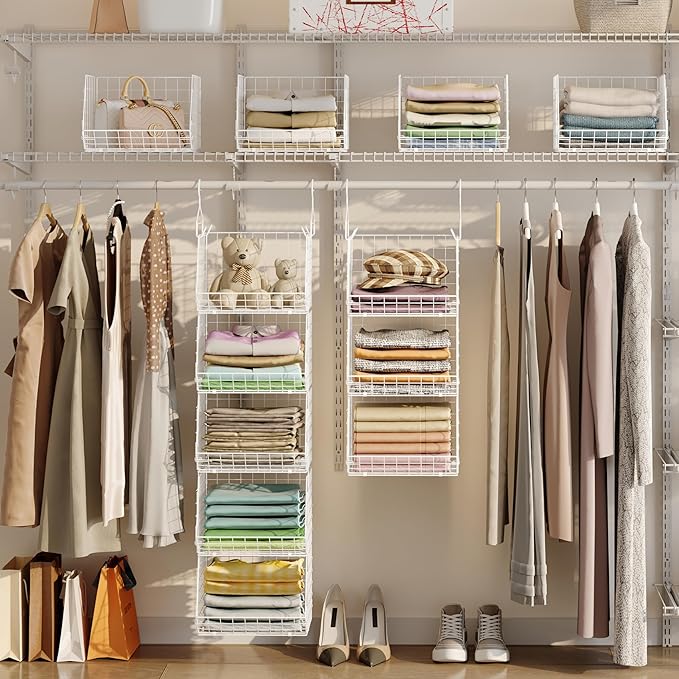 5 Tier Closet Hanging Organizer, Clothes Hanging Shelves with 4 Hanging Hooks 5 S Hooks, Wire Storage Basket Bins, for Clothi
