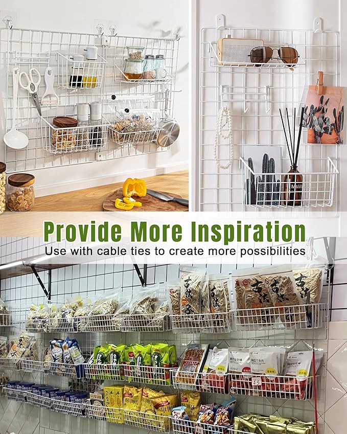 6 Pack White Wall Grid Panel Hanging Wire Basket, Wall Baskets with Hooks for Organizing, White Metal Grid Panel Accessories