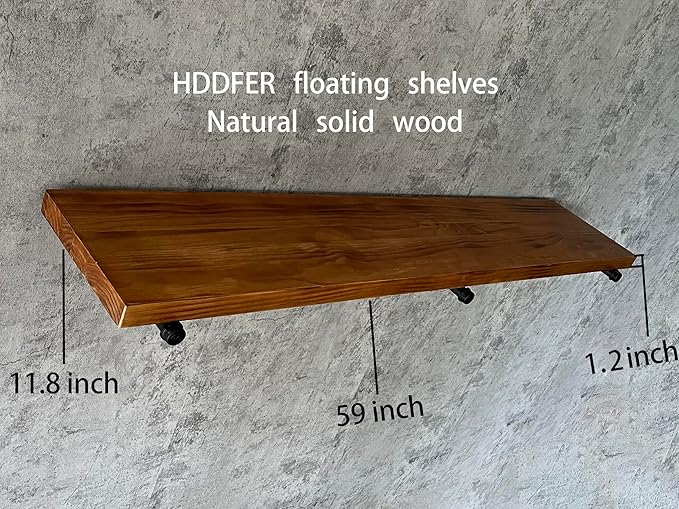 Industrial Pipe Wall Wood Shelves,Real Wooden Shelves 60" in Special Brown Color with 11.8" Extra Width, Modern Floating Shev