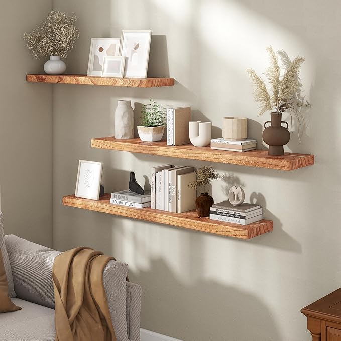Fun Memories 40 Inch Floating Shelves, Rustic Solid Wood Wall Shelves Set of 2, 8 Inch Deep Floating Shelf for Bathroom, Bedr