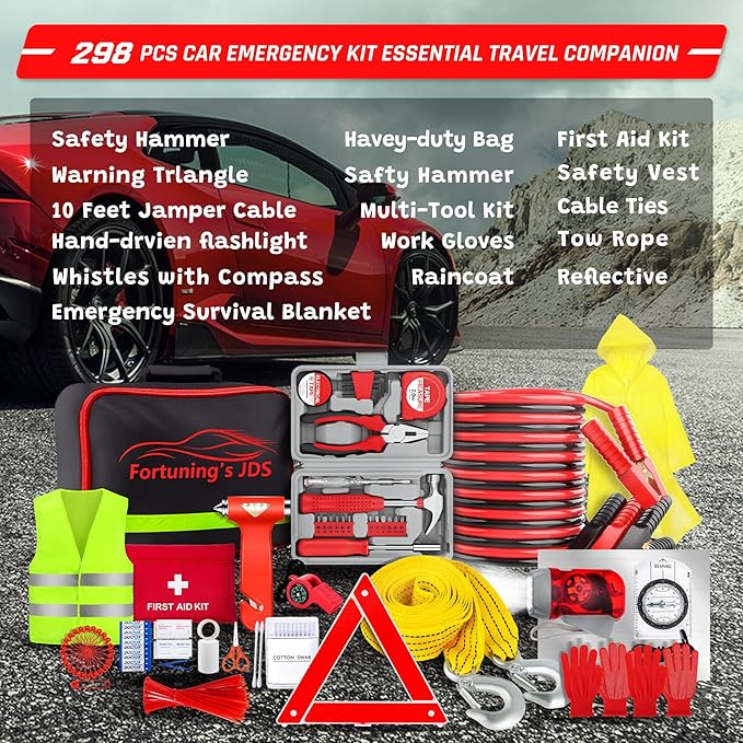 298PCS Roadside Emergency Car Kit- Car Emergency Kit with Jumper Cables, Roadside Emergency Kit for Vehicles, Emergency Car K