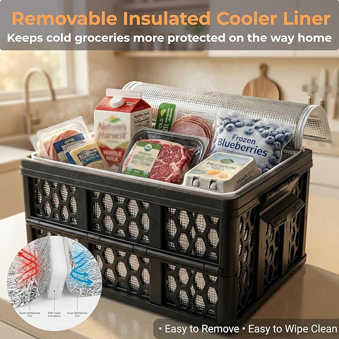 Mymazn Trunk Crate Organizer with Cooler for Car, Collapsible Plastic Trunk Lid Organizer Box for Travel, Groceries, Sports,