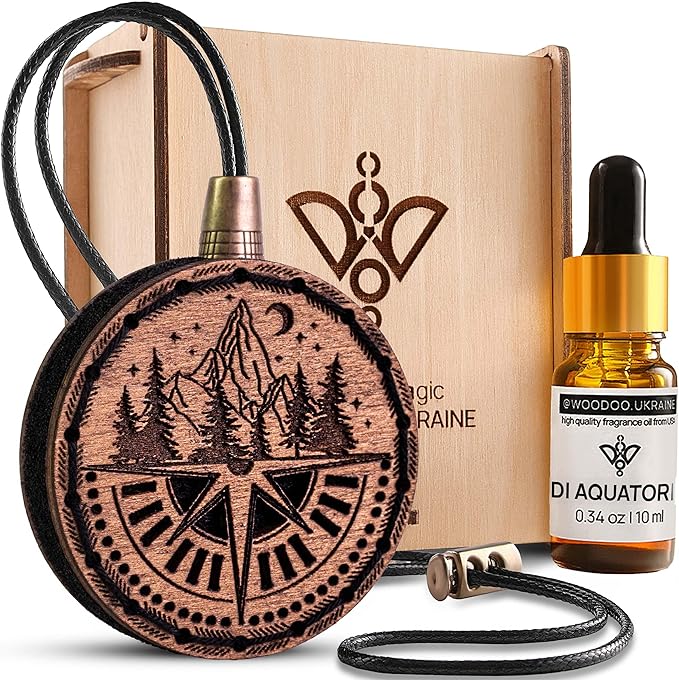 Wood Car Air Freshener — Handmade Car Air Freshener — Compass Mountains Designed Fragrance Oil Diffuser in Wooden Gift Box — 