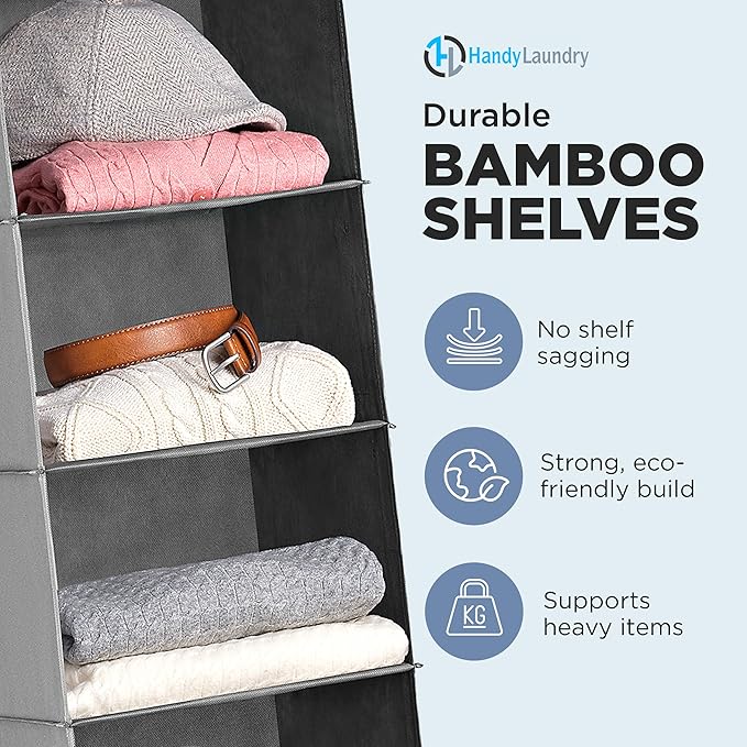 Handy Laundry Hanging Closet Organizer - 6 Shelf Storage for Clothes, Sweaters, Shoes & Accessories - Space-Saving Wardrobe S