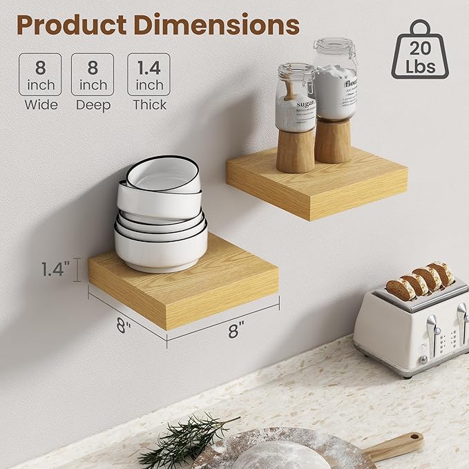 Axeman Square Floating Shelves for Wall, 8" W x 8" D x 1.4" H Rustic Wooden Wall Shelves, 4 Pack Wall Mounted Floating Shelf 
