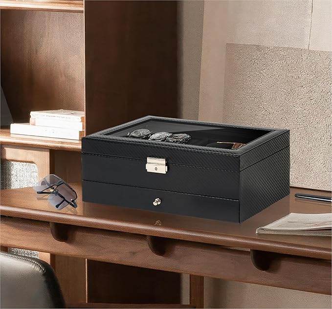 Kukikan Watch Jewelry Box Organizer, 6-Slot 2-Layer Watch Case and Sunglasses Storage with Large Glass Lid, Mens Jewelry