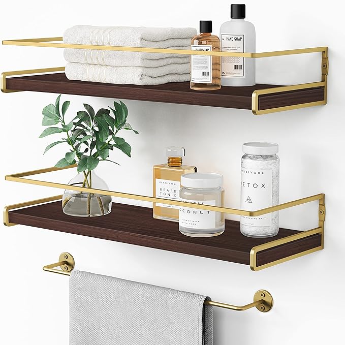 Floating Shelves Bathroom Shelves Over Toilet Set of 2, Bathroom Wall Shelves with Towel Bar, Wall Mounted Vanity Shelf for B