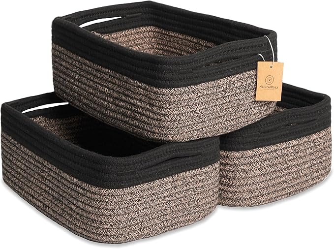 NaturalCozy 11.8"x8"x4.5” Rectangle Storage Baskets for Shelves 3 Pack | Cotton Rope Woven Small Baskets for Organizing | Sma