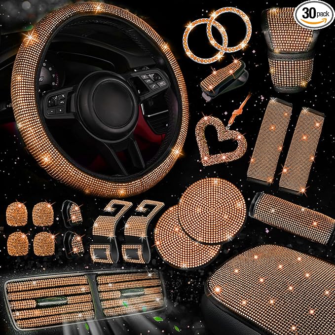 NBTEPEM 30 Pcs Orange Bling Car Accessories Set for Women, Steering Wheel Cover Set, Bling Console Cover, Seat Belt Cushion, Shift Knob Cushion, Cup Holder Coaster, Rhinestone Car Hanging Accessories