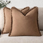Foindtower Set of 2 Decorative Linen Fringe Throw Pillow Covers Cozy Boho Farmhouse Cushion Cover with Tassels Soft Accent Pi