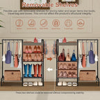 2-in-1 Shoe and Purse Rack, 5-Tier Shoe Rack with Wooden Tray & 7 Hooks, Industrial Metal Shoe Shelf with Removable Shelves f