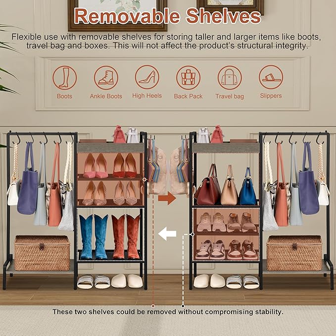 2-in-1 Shoe and Purse Rack, 5-Tier Shoe Rack with Wooden Tray & 7 Hooks, Industrial Metal Shoe Shelf with Removable Shelves f