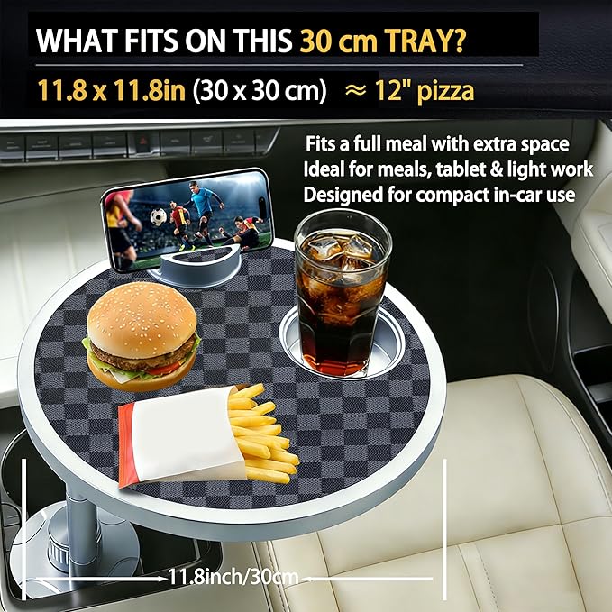 Car Food Tray & Car Table Tray with Car-Grade Aluminum Cup Holder & Phone Stand, Premium Wood with Leather Surface, 360° Rotating Car Desk for Laptop &Eating (Round, Black&Grey)