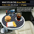 Car Food Tray & Car Table Tray with Car-Grade Aluminum Cup Holder & Phone Stand, Premium Wood with Leather Surface, 360° Rotating Car Desk for Laptop &Eating (Round, Black&Grey)