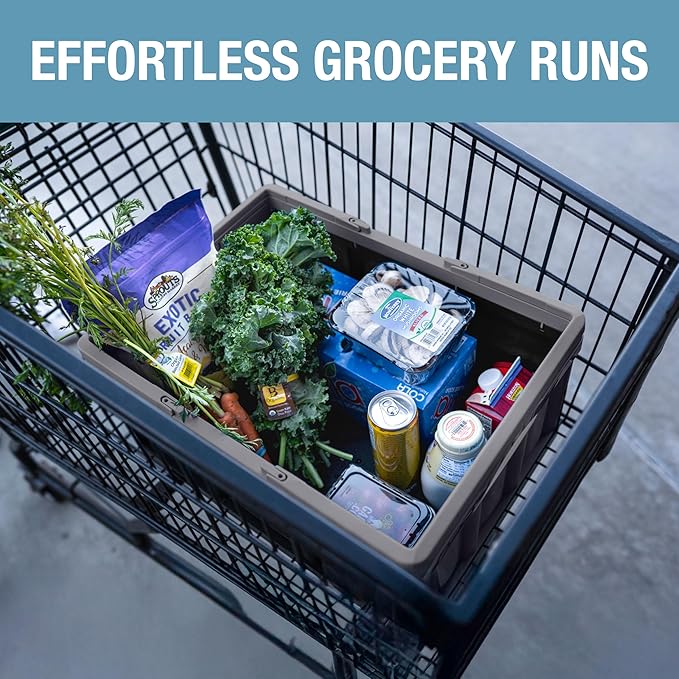 CleverMade Collapsible Shopping Basket 32L, 3 Pack – Folding Grocery Basket with Handles, Stackable Reusable Storage Crate wi