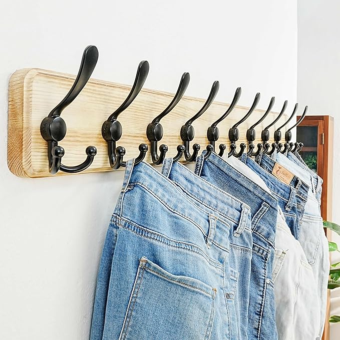 Dseap Coat Rack Wall - Heavy-Duty 38-1/4" Long, with Reinforced 10 Custom Tri-Hooks, Solid Wood Wall Hanger for Coats Hat Jac