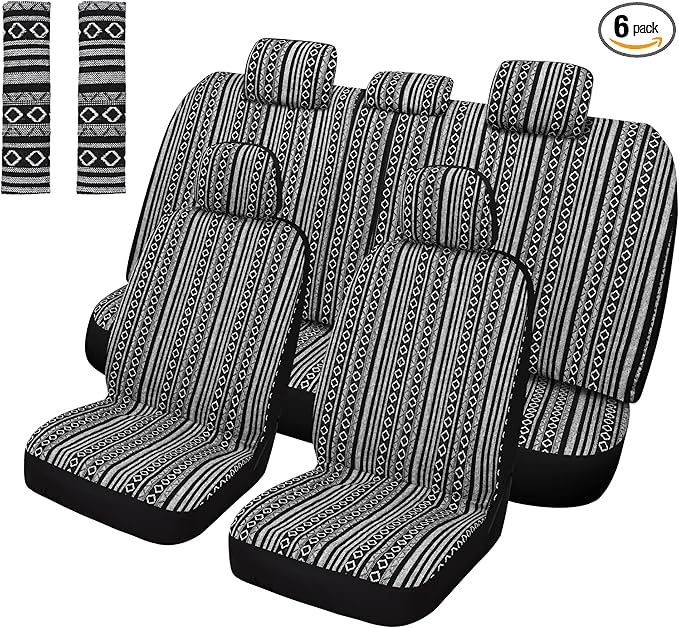 Pariitadin Baja Saddle Blanket Car Seat Covers Full Set with Seat Belt Pads, Washable Breathable Striped Woven Cloth Seat Cov