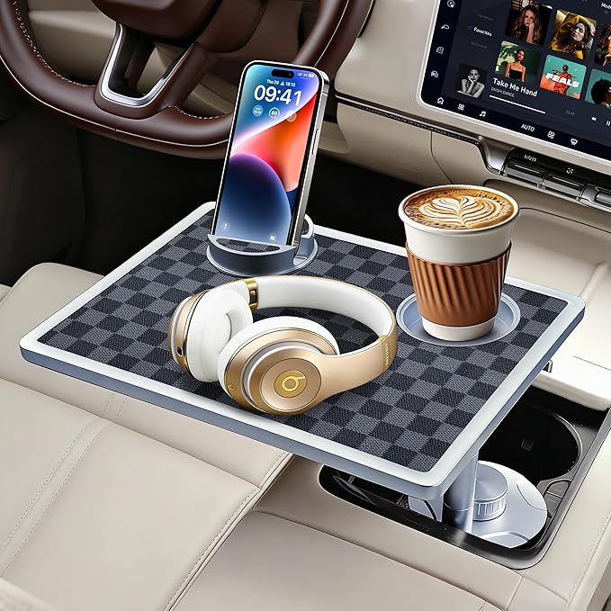 Car Food Tray & Car Table Tray with Car-Grade Aluminum Cup Holder & Phone Stand, Premium Wood with Leather Surface, 360° Rotating Car Desk for Laptop &Eating (Square, Black&Grey)
