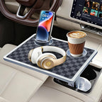 Car Food Tray & Car Table Tray with Car-Grade Aluminum Cup Holder & Phone Stand, Premium Wood with Leather Surface, 360° Rotating Car Desk for Laptop &Eating (Square, Black&Grey)