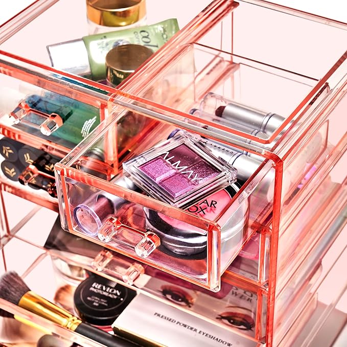 Sorbus Acrylic Makeup Organizer Set, 7-Drawer Vanity & Countertop Cosmetic Storage with Small & Wide Drawers, Pink Makeup Sto