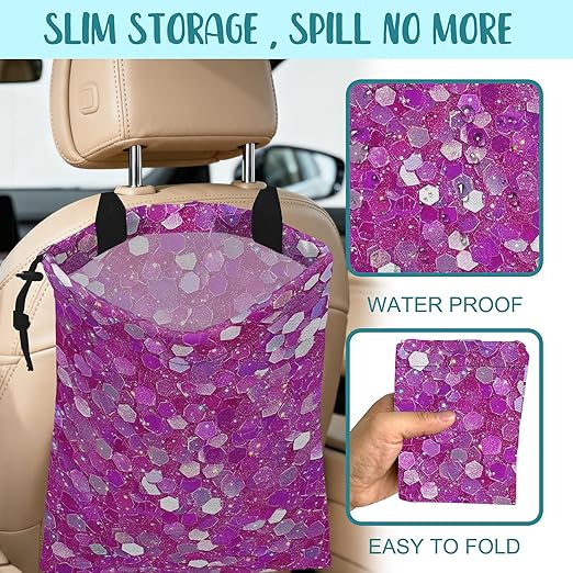 Car Garbage Bag Pink and Purple Hexagonal Hanging Canvas Car Trash Bag Drawstring Car Back Seat Organizer for Car Back Front Seat Console with Adjustable Buckle